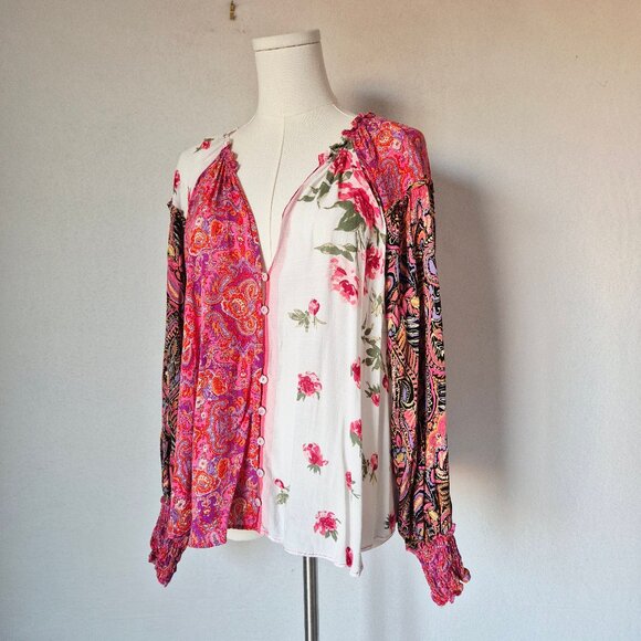 Free People Gemini Floral Paisley Mixed Patchwork Boho Blouse Button Oversize - Picture 4 of 15